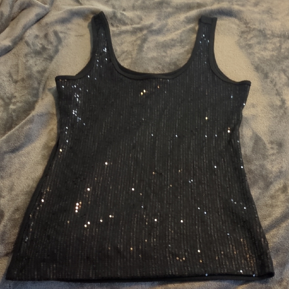 Fitted Black Sleeveless Sequin Tank Top for Evening Wear